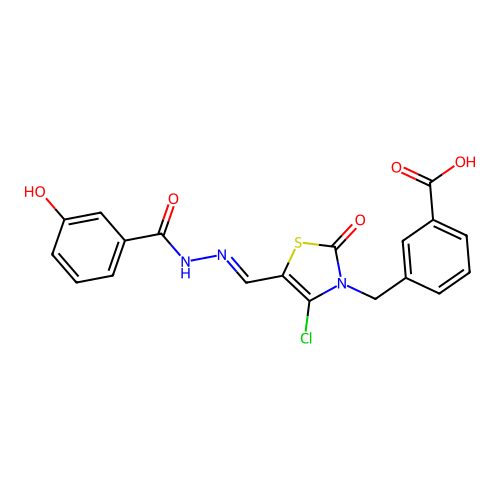 (E)-3-((4-chloro-5-((2-(3-hydroxybenzoyl)hydrazono)methyl)-2-oxothiazol-3(2H)-yl)methyl)benzoic acid structure