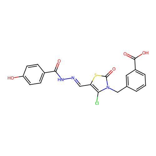 (E)-3-((4-chloro-5-((2-(4-hydroxybenzoyl)hydrazono)methyl)-2-oxothiazol-3(2H)-yl)methyl)benzoic acid structure