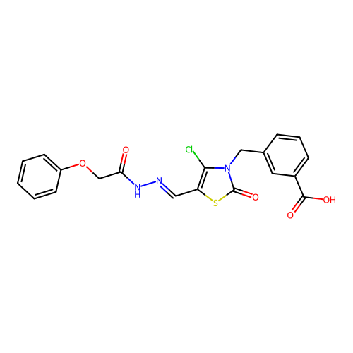 (E)-3-((4-chloro-2-oxo-5-((2-(2-phenoxyacetyl)hydrazono)methyl)thiazol-3(2H)-yl)methyl)benzoic acid structure