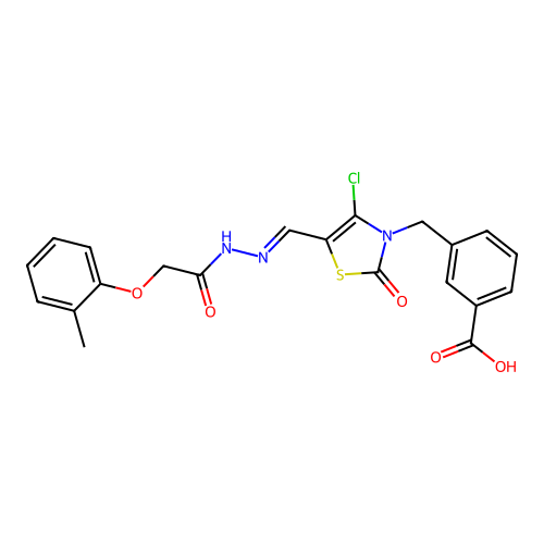 (E)-3-((4-chloro-2-oxo-5-((2-(2-(o-tolyloxy)acetyl)hydrazono)methyl)thiazol-3(2H)-yl)methyl)benzoic acid structure