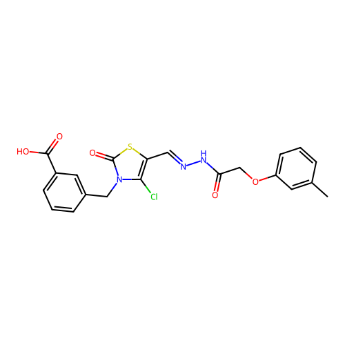 (E)-3-((4-chloro-2-oxo-5-((2-(2-(m-tolyloxy)acetyl)hydrazono)methyl)thiazol-3(2H)-yl)methyl)benzoic acid structure