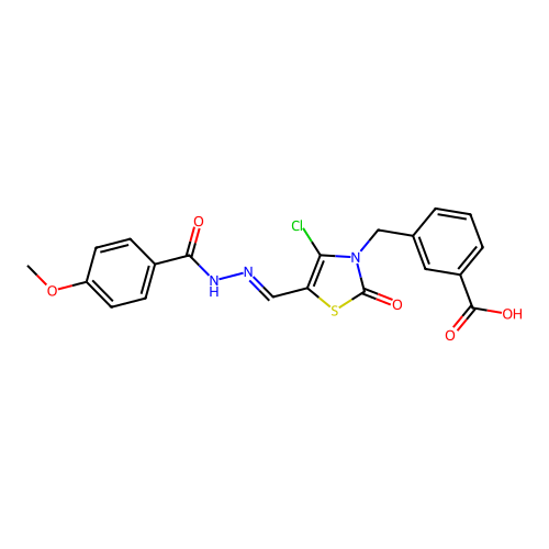 (E)-3-((4-chloro-5-((2-(4-methoxybenzoyl)hydrazono)methyl)-2-oxothiazol-3(2H)-yl)methyl)benzoic acid structure