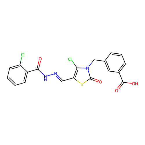 3-{4-Chloro-5-[(2-chloro-benzoyl)-hydrazonomethyl]-2-oxo-thiazol-3-ylmethyl}-benzoic acid structure