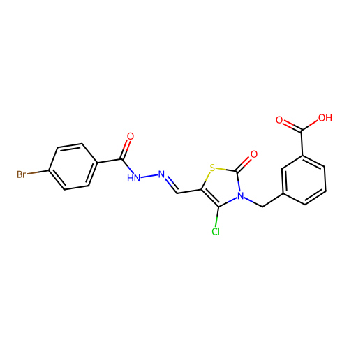 (E)-3-((5-((2-(4-bromobenzoyl)hydrazono)methyl)-4-chloro-2-oxothiazol-3(2H)-yl)methyl)benzoic acid structure