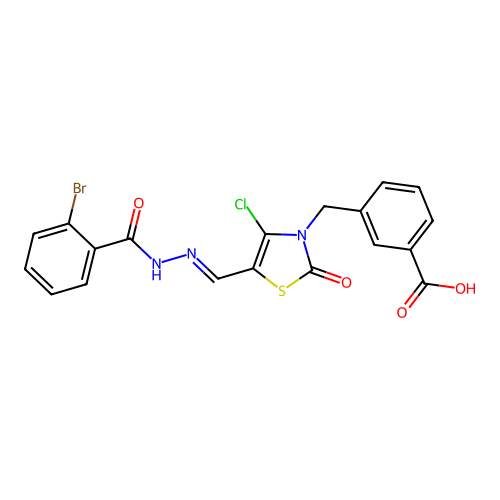 (E)-3-((5-((2-(2-bromobenzoyl)hydrazono)methyl)-4-chloro-2-oxothiazol-3(2H)-yl)methyl)benzoic acid structure