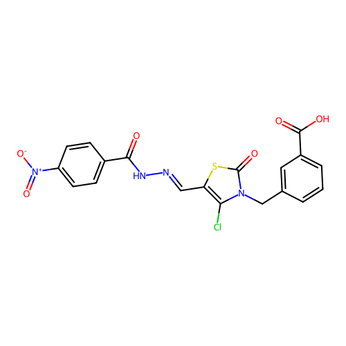 (E)-3-((4-chloro-5-((2-(4-nitrobenzoyl)hydrazono)methyl)-2-oxothiazol-3(2H)-yl)methyl)benzoic acid structure