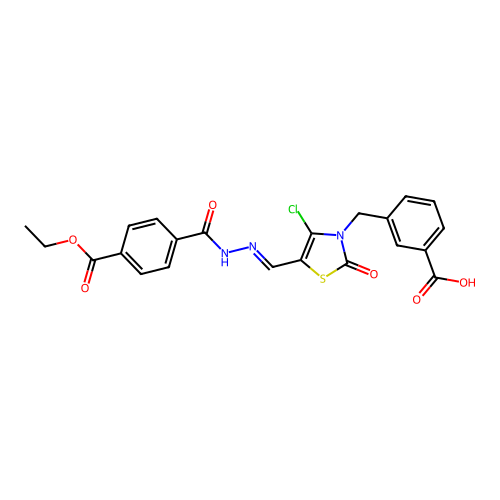 (E)-3-((4-chloro-5-((2-(4-(ethoxycarbonyl)benzoyl)hydrazono)methyl)-2-oxothiazol-3(2H)-yl)methyl)benzoic acid structure