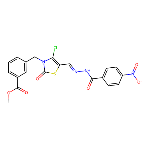 (E)-methyl 3-((4-chloro-5-((2-(4-nitrobenzoyl)hydrazono)methyl)-2-oxothiazol-3(2H)-yl)methyl)benzoate structure