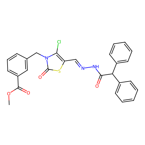 (E)-methyl 3-((4-chloro-5-((2-(2,2-diphenylacetyl)hydrazono)methyl)-2-oxothiazol-3(2H)-yl)methyl)benzoate structure
