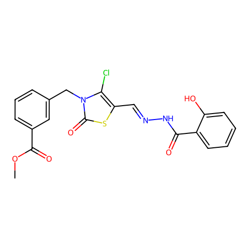 (E)-methyl 3-((4-chloro-5-((2-(2-hydroxybenzoyl)hydrazono)methyl)-2-oxothiazol-3(2H)-yl)methyl)benzoate structure