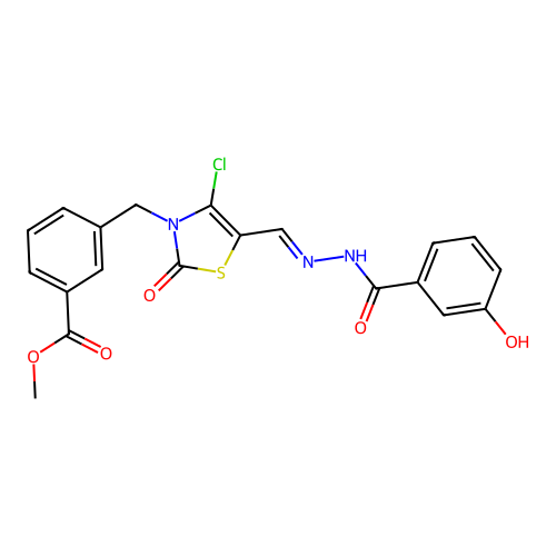 (E)-methyl 3-((4-chloro-5-((2-(3-hydroxybenzoyl)hydrazono)methyl)-2-oxothiazol-3(2H)-yl)methyl)benzoate structure