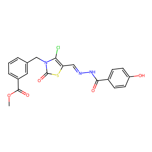 (E)-methyl 3-((4-chloro-5-((2-(4-hydroxybenzoyl)hydrazono)methyl)-2-oxothiazol-3(2H)-yl)methyl)benzoate structure