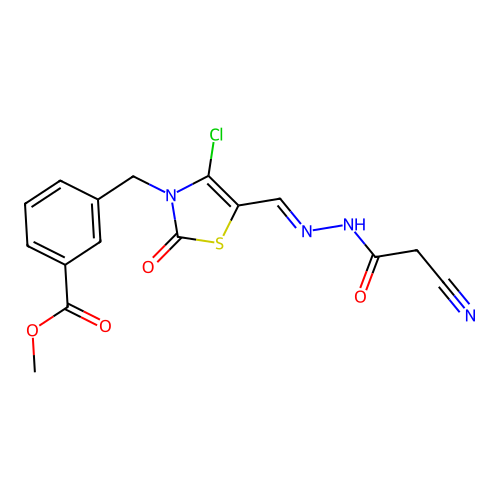 (E)-methyl 3-((4-chloro-5-((2-(2-cyanoacetyl)hydrazono)methyl)-2-oxothiazol-3(2H)-yl)methyl)benzoate structure
