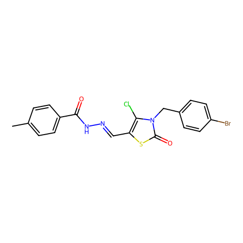 (E)-N'-((3-(4-bromobenzyl)-4-chloro-2-oxo-2,3-dihydrothiazol-5-yl)methylene)-4-methylbenzohydrazide structure