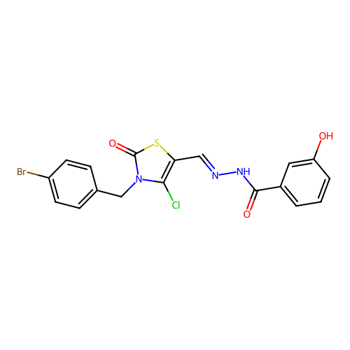 (E)-N'-((3-(4-bromobenzyl)-4-chloro-2-oxo-2,3-dihydrothiazol-5-yl)methylene)-3-hydroxybenzohydrazide structure