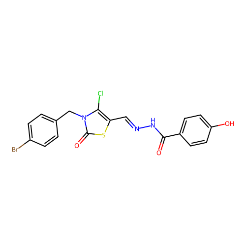 (E)-N'-((3-(4-bromobenzyl)-4-chloro-2-oxo-2,3-dihydrothiazol-5-yl)methylene)-4-hydroxybenzohydrazide structure