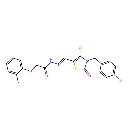 (E)-N'-((3-(4-bromobenzyl)-4-chloro-2-oxo-2,3-dihydrothiazol-5-yl)methylene)-2-(o-tolyloxy)acetohydrazide structure
