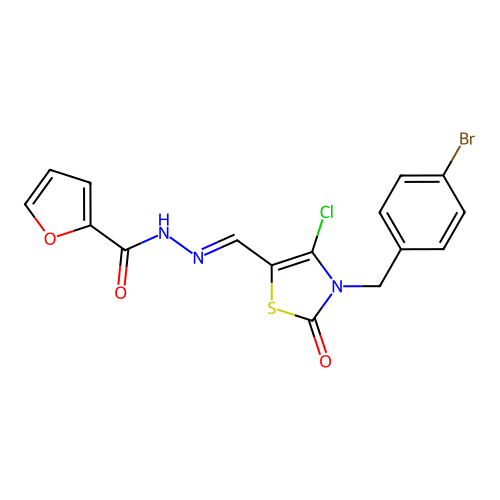 (E)-N'-((3-(4-bromobenzyl)-4-chloro-2-oxo-2,3-dihydrothiazol-5-yl)methylene)furan-2-carbohydrazide structure