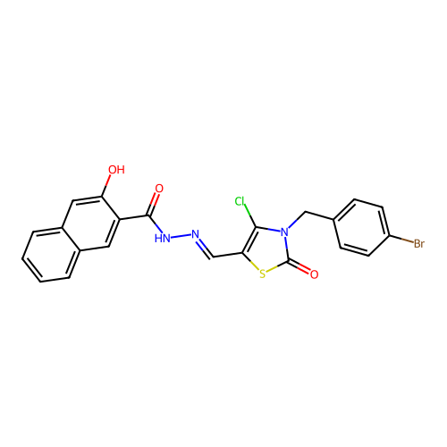 (E)-N'-((3-(4-bromobenzyl)-4-chloro-2-oxo-2,3-dihydrothiazol-5-yl)methylene)-3-hydroxy-2-naphthohydrazide structure