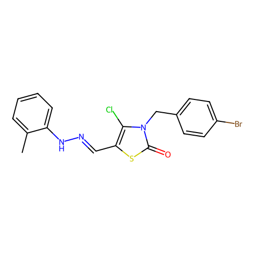 (E)-3-(4-bromobenzyl)-4-chloro-5-((2-(o-tolyl)hydrazono)methyl)thiazol-2(3H)-one structure
