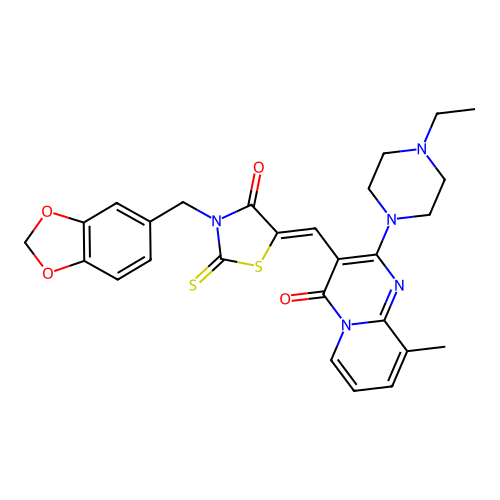 (5Z)-3-(1,3-benzodioxol-5-ylmethyl)-5-[[2-(4-ethylpiperazin-1-yl)-9-methyl-4-oxopyrido[1,2-a]pyrimidin-3-yl]methylidene]-2-sulfanylidene-1,3-thiazolidin-4-one structure