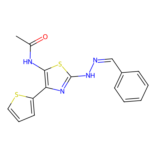 (Z)-N-(2-(2-benzylidenehydrazinyl)-4-(thiophen-2-yl)thiazol-5-yl)acetamide structure
