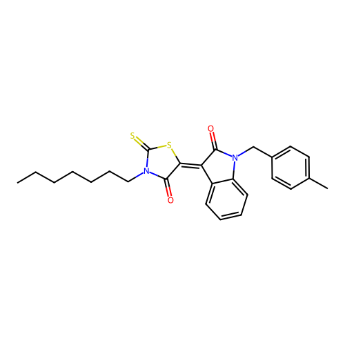 (3Z)-3-(3-heptyl-4-oxo-2-thioxo-1,3-thiazolidin-5-ylidene)-1-(4-methylbenzyl)-1,3-dihydro-2H-indol-2-one structure