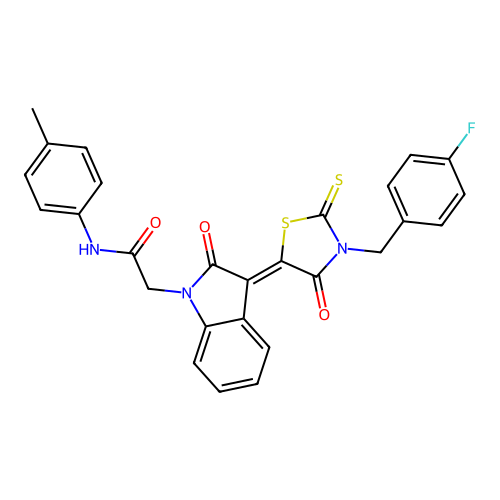 2-{(3Z)-3-[3-(4-fluorobenzyl)-4-oxo-2-thioxo-1,3-thiazolidin-5-ylidene]-2-oxo-2,3-dihydro-1H-indol-1-yl}-N-(4-methylphenyl)acetamide structure