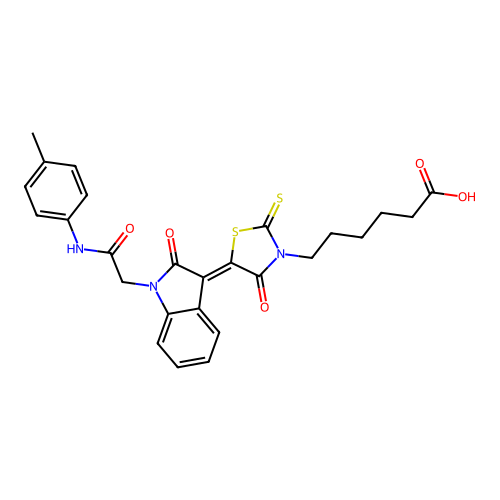 6-((5Z)-4-oxo-5-{2-oxo-1-[2-oxo-2-(4-toluidino)ethyl]-1,2-dihydro-3H-indol-3-ylidene}-2-thioxo-1,3-thiazolidin-3-yl)hexanoic acid structure