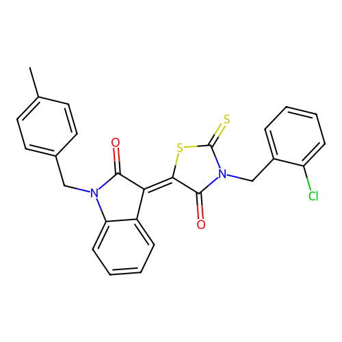 (3Z)-3-[3-(2-chlorobenzyl)-4-oxo-2-thioxo-1,3-thiazolidin-5-ylidene]-1-(4-methylbenzyl)-1,3-dihydro-2H-indol-2-one structure