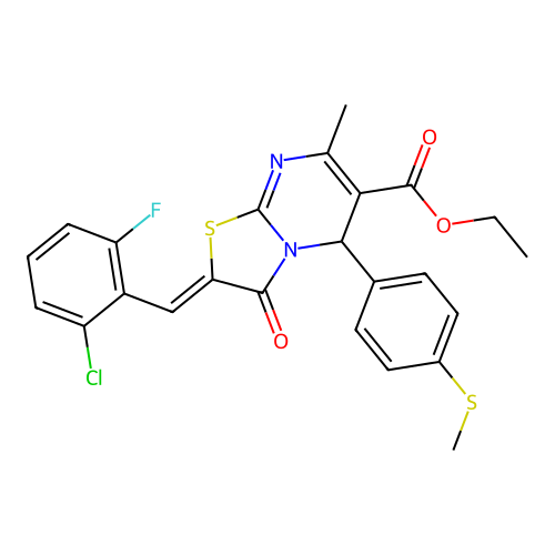 Ethyl 2-(2-chloro-6-fluorobenzylidene)-7-methyl-5-(4-(methylthio)phenyl)-3-oxo-3,5-dihydro-2H-thiazolo[3,2-a]pyrimidine-6-carboxylate structure