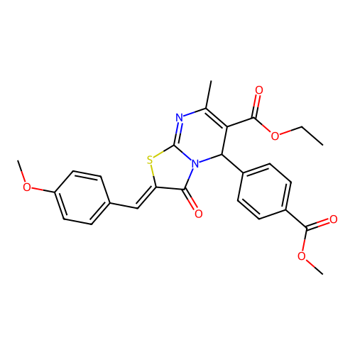 Ethyl 2-(4-methoxybenzylidene)-5-(4-(methoxycarbonyl)phenyl)-7-methyl-3-oxo-3,5-dihydro-2H-thiazolo[3,2-a]pyrimidine-6-carboxylate structure