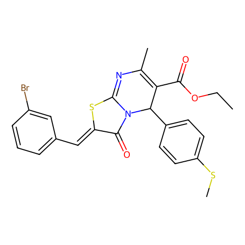 Ethyl 2-(3-bromobenzylidene)-7-methyl-5-(4-(methylthio)phenyl)-3-oxo-3,5-dihydro-2H-thiazolo[3,2-a]pyrimidine-6-carboxylate structure