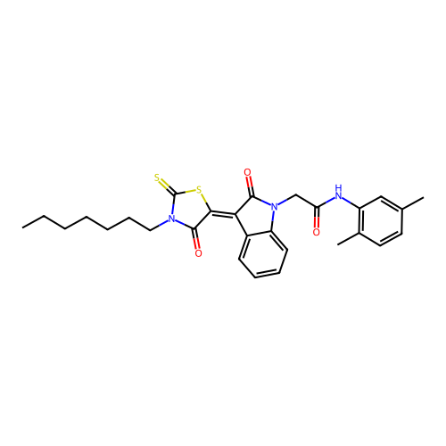 N-(2,5-dimethylphenyl)-2-[(3Z)-3-(3-heptyl-4-oxo-2-thioxo-1,3-thiazolidin-5-ylidene)-2-oxo-2,3-dihydro-1H-indol-1-yl]acetamide structure