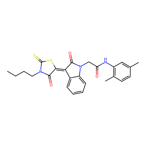 2-[(3Z)-3-(3-butyl-4-oxo-2-thioxo-1,3-thiazolidin-5-ylidene)-2-oxo-2,3-dihydro-1H-indol-1-yl]-N-(2,5-dimethylphenyl)acetamide structure
