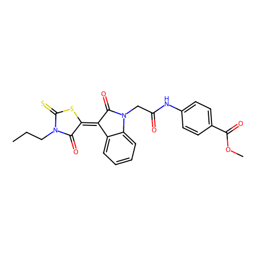 methyl 4-({[(3Z)-2-oxo-3-(4-oxo-3-propyl-2-thioxo-1,3-thiazolidin-5-ylidene)-2,3-dihydro-1H-indol-1-yl]acetyl}amino)benzoate structure