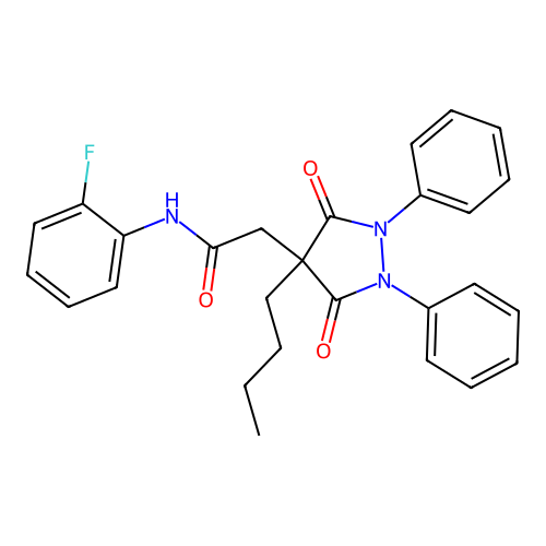 2-(4-butyl-3,5-dioxo-1,2-diphenylpyrazolidin-4-yl)-N-(2-fluorophenyl)acetamide structure