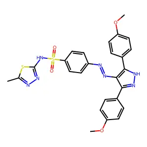 4-[2-[3,5-bis(4-methoxyphenyl)pyrazol-4-ylidene]hydrazinyl]-N-(5-methyl-1,3,4-thiadiazol-2-yl)benzenesulfonamide structure