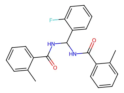 N,N'-[(2-fluorophenyl)methanediyl]bis(2-methylbenzamide) structure