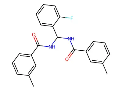 N,N'-[(2-fluorophenyl)methanediyl]bis(3-methylbenzamide) structure