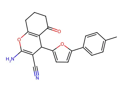 2-amino-4-[5-(4-methylphenyl)furan-2-yl]-5-oxo-4,6,7,8-tetrahydrochromene-3-carbonitrile structure