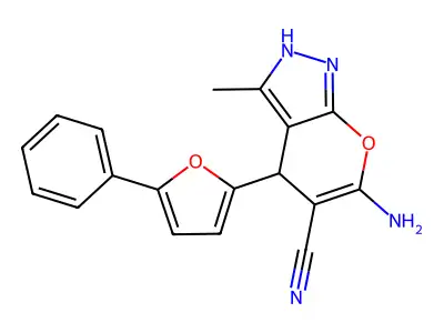 6-amino-3-methyl-4-(5-phenyl-2-furyl)-1,4-dihydropyrano[2,3-c]pyrazole-5-carbonitrile structure