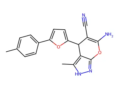 6-amino-3-methyl-4-(5-(p-tolyl)furan-2-yl)-1,4-dihydropyrano[2,3-c]pyrazole-5-carbonitrile structure