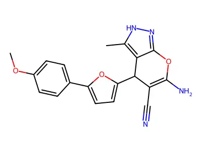 6-amino-4-(5-(4-methoxyphenyl)furan-2-yl)-3-methyl-1,4-dihydropyrano[2,3-c]pyrazole-5-carbonitrile structure