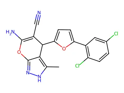 6-amino-4-[5-(2,5-dichlorophenyl)-2-furyl]-3-methyl-1,4-dihydropyrano[2,3-c]pyrazole-5-carbonitrile structure