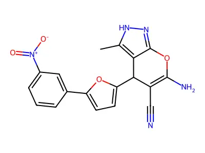 6-amino-3-methyl-4-(5-(3-nitrophenyl)furan-2-yl)-1,4-dihydropyrano[2,3-c]pyrazole-5-carbonitrile structure