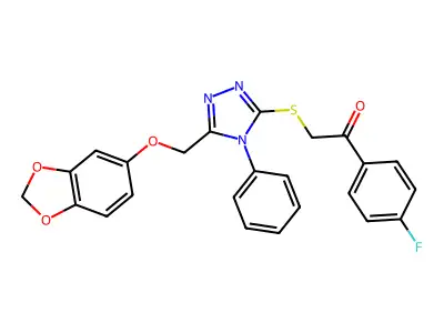 2-((5-((benzo[d][1,3]dioxol-5-yloxy)methyl)-4-phenyl-4H-1,2,4-triazol-3-yl)thio)-1-(4-fluorophenyl)ethanone structure