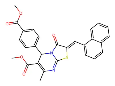 methyl (2Z)-5-[4-(methoxycarbonyl)phenyl]-7-methyl-2-[(naphthalen-1-yl)methylidene]-3-oxo-2H,3H,5H-[1,3]thiazolo[3,2-a]pyrimidine-6-carboxylate structure