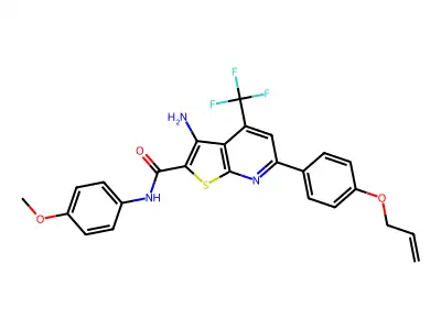 3-amino-N-(4-methoxyphenyl)-6-[4-(prop-2-en-1-yloxy)phenyl]-4-(trifluoromethyl)thieno[2,3-b]pyridine-2-carboxamide structure