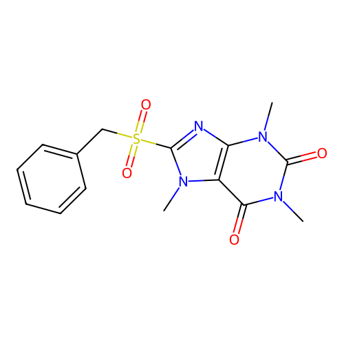 8-(benzylsulfonyl)-1,3,7-trimethyl-3,7-dihydro-1H-purine-2,6-dione structure